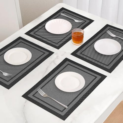 Placemats Set of 6, Heat Resistant Place Mats, Washable PVC Table Mats, Woven Vinyl Placemats, Non-Slip Stain Resistan Plastic Placemats for Table (Black White, 6) - color: Black White