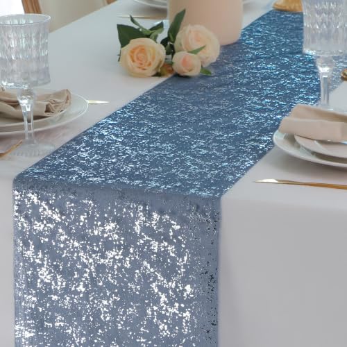 Snowkingdom 2Pcs Navy Blue Silver Table Runner Sparkly Party Decor | Glitter metallic foil sheer mesh runner for elegant wedding birthday baby shower graduation Christmas and party table decor - color: Navy Blue Silver Sparkle, size: 9FTx2