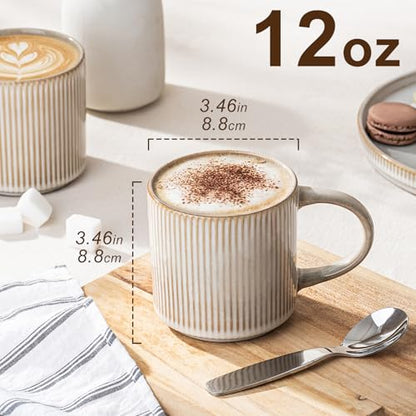 Coffee Mug Set for 4-12oz Ceramic Mugs for Coffee, Tea, Cocoa, Milk, Microwave & Dishwasher Safe, Stoneware Drinkware Set, Beige - color: Beige