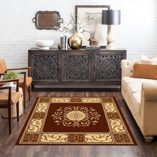 Superior Indoor Area Rug, Floral Medallion Design, 5'x5', Toffee Z | Attractive Rug with Jute Backing, Durable Beautiful Woven Design, Perfect for High Traffic Areas Hallway, Living, Dining Room - color: Toffee - Z, size: 5' x 5' (Square)