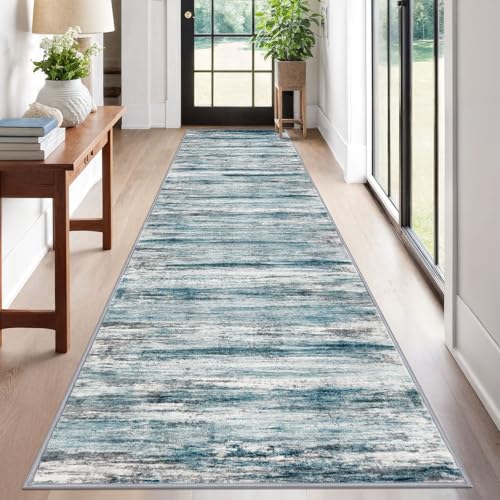KOZYFLY Modern Abstract Hallway Runner Rug, 2.6x12 Washable Rug Runner Non-Slip Soft Striped Kitchen Runner Rugs, Print Blue Carpet Runner for Entryway Bathroom Laundry Room Foyer - color: Blue, size: 2'8" x 12' (Runner)