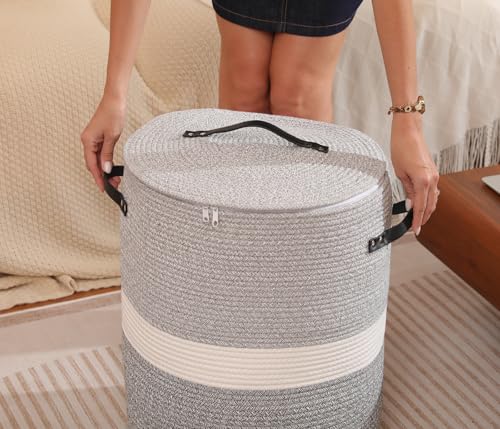 16"x20" Extra Large Cotton Rope Basket with Zipper Lid, Woven Laundry Hamper and Blanket Storage Basket, Round Clothes Bin for Living Room Bedroom, Dual Grey - color: Dual Grey