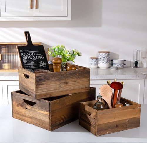 TIMRIS Set of 3 Rustic Distressed Wood Nesting Crates, Farmhouse Decorative Wooden Storage Boxes, Vintage Reclaimed Wood Baskets for Display (Natural) - color: Natural