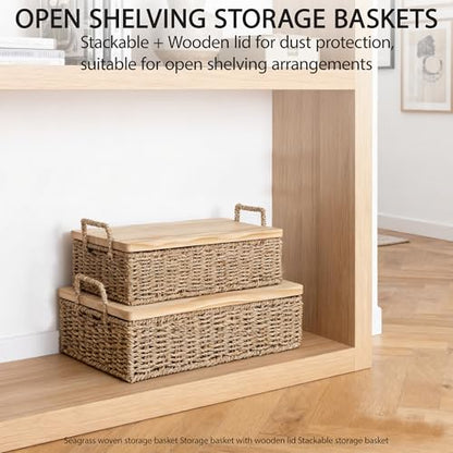 Woven Seagrass Wicker Storage Basket Set of 2 with Wooden Lids | Stackable Basket with Handles, Rectangular Decorative Basket for Shelves Home, Closet & Desktop Organization