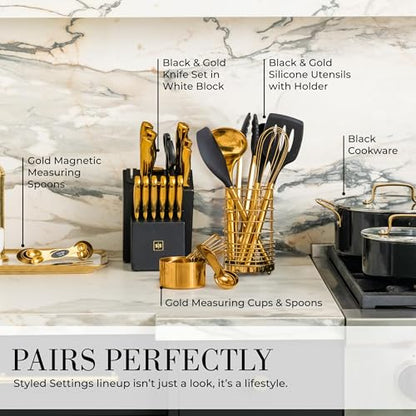 Styled Settings Black and Gold Kitchen Utensils Set, 15-Piece | Nonstick BPA-Free Silicone Cooking Utensils with Measuring Cups and Spoons - Luxury Kitchen Accessories for Stylish Cooking - color: 15 Piece Black & Gold