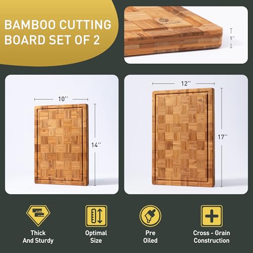 2 Pack Wooden Cutting Boards for Kitchen Bamboo Chopping Boards Non Toxic | Heavy Duty, End Grain, Non Slip, Cutting Board Set, Multiple Size, Solid Thick, Butcher Block, Wood Charcuterie Board - size: Multiple Sizes (Set of 2)