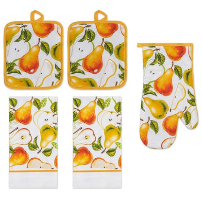 5 Piece Pears Printed Kitchen Linen Set, 2 Cotton Towels, 2 Potholders, 1 Oven Mitt with Hanging Loop, 100% Cotton Material on Front & Polyester Backing, Perfect Kitchen Accessory, Gift - color: Pears