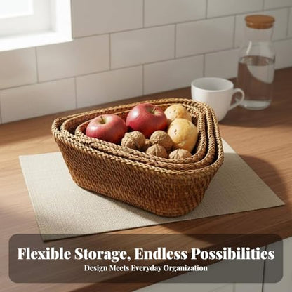 3 Pieces Industrial Basket Triangle Woven Basket Set Nesting Basket Decorative Organizer Serving Basket Rattan Detail suitable for kitchen island, Round Edge SET