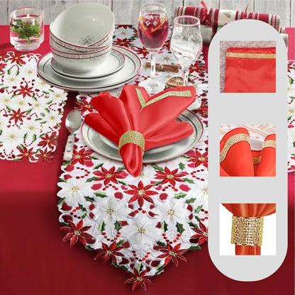 12 Pack Cloth Napkins and Gold Napkin Rings Set of 6, 17x17 Bling Trim Satin Cocktail Napkins Cloth Washable Personalized Dinner Napkins for Wedding Party Holiday Decorative | 17x17 Inch Personalized Red Napkins Set, Washable Fancy Dinner & Cocktail Napki