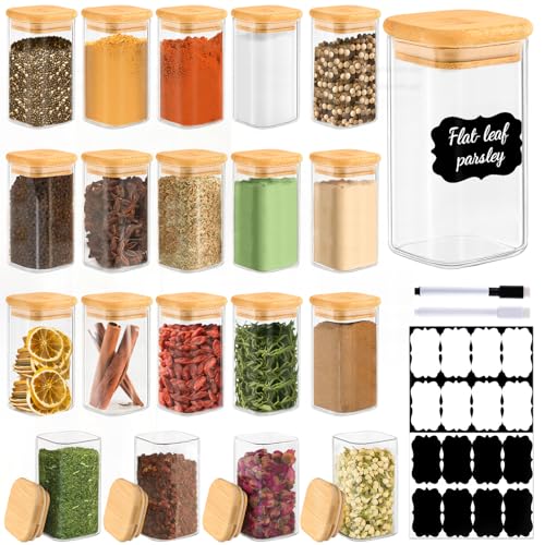 20 Pack 8 oz Square Glass Spice Jars with Lids and Labels – Airtight Small Spice Containers Set, Clear Glass Storage Jars for Seasoning, Spices, Kitchen Pantry Organization - color: Square/8oz/20pcs