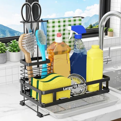 Kitchen Sink Organizer with Brush Rack - Sink Caddy with Drain-Pan | Stainless Steel Sponge Holder for Kitchen Sink with Towel Rack, Organizer for Dish Soap Dispenser, 10.5"L × 5.9"W × 10.5"H