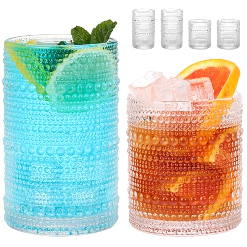 Moretoes 4 Pack Hobnail Drinking Glasses Set,Glass Cups | 12 Oz Highball Glasses & 10 Oz Cocktail Glasses, Kitchen Bar Tumbler Glassware Set for Whiskey, Beer, Juice, Milk - color: Clear, size: 4pcs