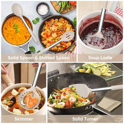 TeamFar Kitchen Utensils Set of 8, Silicone Utensils Kitchen Tools Set | with Stainless Steel Handle, for Frying Serving Flipping Draining, Non-toxic & Heatproof, Nonstick & Dishwasher Safe - Khaki - color: Khaki