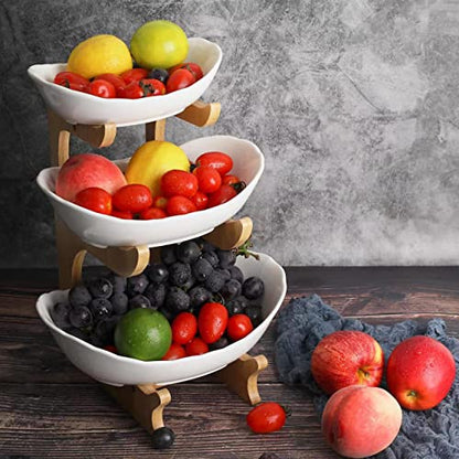 SEVEN SPARTA Fruit Bowl for Kitchen Counter - 3 Tier Ceramic Serving Bowls with Bamboo Stand, Tiered Fruit Basket for Fruit Vegetable Storage, Cake, Dessert, Nuts, Snack, Salad (Dishwasher safe) - style: 3 Tier