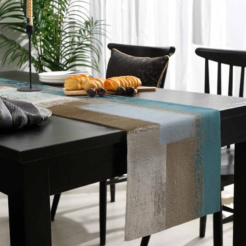 Aqua-Blue Brown Table Runner-Cotton Linen-13x108 Inch Holiday Dresser Scarves, Modern Abstract Beige Oil Painting Art Tablerunner for Kitchen Coffee/Dining Bedroom Home Living Room Dinner Scarf Décor - size: 13x108 Inches