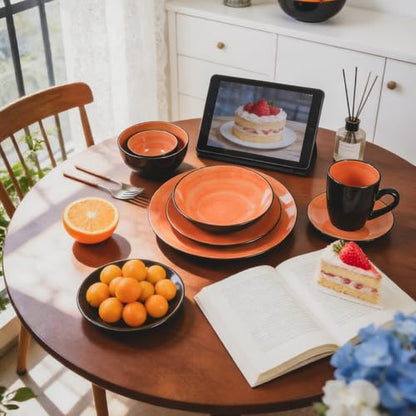 Stoneware Sonoma 56pc Dinnerware Set, Black + Speckled Spin Wash Orange - color: Orange