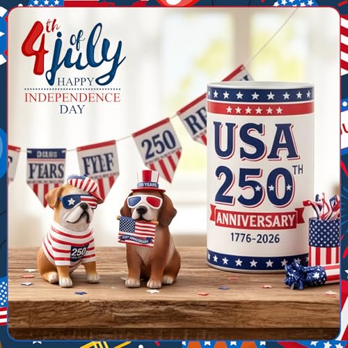 Wesiti 2 Pcs 250th Anniversary Puppy Dog Figurines Decor, 4th of July | Patriotic Stars Stripes Flag Dog Resin Statue, Red White and Blue Decorations, Home Garden Kitchen Office Table - style: Dog