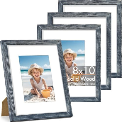 Vittanly Solid Wood 8x10 Picture Frames Set of 4, Distressed Blue | 5x7 Picture Frame with Mat, Gallery Wall Frame Set, 8 x 10 Frame for Wall & Tabletop Display, Family, Pet, Christmas - color: Distressed Blue, size: 8x10
