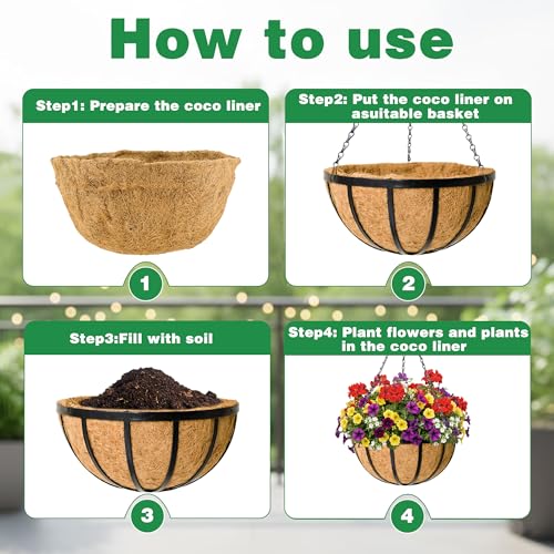 4 Pack 14 Inch Hanging Planters for Outdoor Plants Metal Hanging Planter Basket with Coco Coir Liner Round Plant Black Flat Iron Metal Flower Pots for Deck Patio Porch Garden Balcony - size: 14 Inch