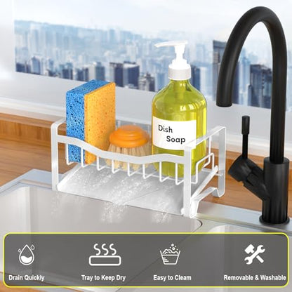 Stainless Steel Kitchen Sink Caddy Organizer with Auto Drain Tray, Sponge Holder for Countertop Storage (White) - color: White