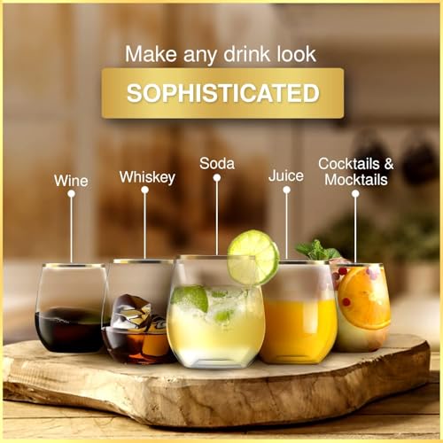 32 Pack Stemless Plastic Wine Glasses Disposable 12 Oz Rose Gold Rim - Shatterproof Recyclable and BPA-Free, Stylish Drinkware for all Beverages, Cocktail Parties, Wedding Reception - color: Clear / with Rose Gold Rim