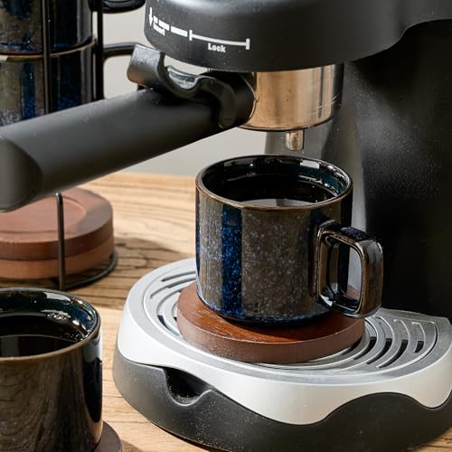 LUKA Porcelain Stackable Espresso Cups with Saucers and Metal Stand, 4 Ounce Small Ceramic Demitasse Cups Set for Latte, Specialty Coffee Drinks, Cafe Mocha,Tea - Set of 4, Reactive Blue - color: Reactive Blue