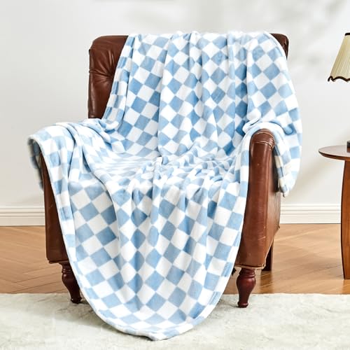 Edenleaf Blue Checkered Fleece Throw Blanket for Couch Warm Home Decor | Ultra Soft Cozy Fuzzy Blanket for Bed Sofa, Fluffy Lightweight Throw for Travel, Cute Holiday Gifts, All Seasons, 50"x60" - color: 01 Blue, size: Throw-50"x60"