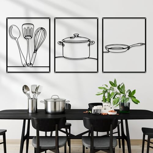 3 Pcs Metal Kitchen Wall Art Line 14x11,Kitchenware,Black | Minimalist Line Art with Fork Knife Pot Kitchen Tableware, Rustic Decor for Dining Living Bathroom, Metal Frame on Black - color: Black, style: Kitchenware