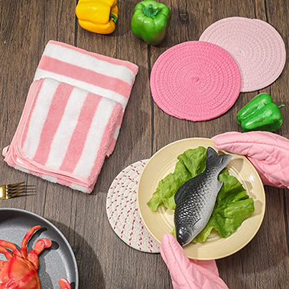 Zubebe Pink Oven Mitts and Pot Holders with Kitchen Towels Set of 7, Valentine's Day Gift for Women Heat Resistant Oven Gloves Kitchen Hand Towels Hot Pads for Cooking Baking(Plaid) - style: Plaid