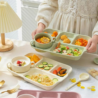 Large Divided Porcelain Sectional Plates,2pcs Portion Control Plates, Divided Snack Serving Tray, Food Containers, Appetizer & Lunch Plates,Lightweight Picnic Plate for Adult Kids (Yellow) - color: Yellow