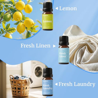 Diffuser Fragrance Oils, Aromtopia Essential Oils for Diffusers for Home, 6x10ml Fresh Home Set, Clean Scents for Candle Soap Making, Dryer Ball, Fresh Linen, Crisp Breeze, Fresh Laundry, Lemon