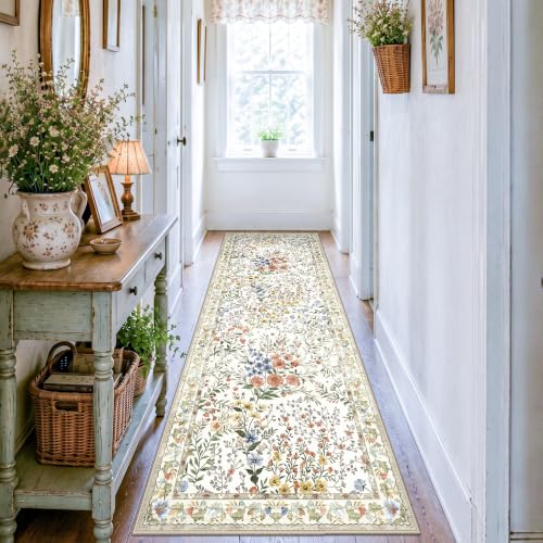 Washable Hallway Runner Rug 3x8: Vintage Botanical Floral Rug for Apartment Hallway Foyer - Machine Washable Non Slip Low Pile Carpet - Soft Foldable Runner for High Traffic Areas - 3'x8' Beige - color: Beige, size: 3x8