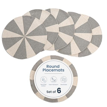 The Fine Living Braided Cotton Placemats, Round Table Mats, Set of 6,13.5" | Washable Anti-Slip Heat Resistant Braided Mats, Boho Woven Mats for Table Decor, Kitchen and Dining