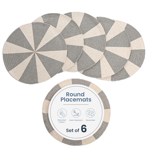 The Fine Living Braided Cotton Placemats, Round Table Mats, Set of 6,13.5" | Washable Anti-Slip Heat Resistant Braided Mats, Boho Woven Mats for Table Decor, Kitchen and Dining