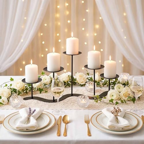 Wrought Iron 5-Arm Candle Stand, Heavy Duty S-Wave Pillar Holder | Black Metal Pillar Holder Stand, S-shaped Wave Base, for Outdoor Wedding Christmas Party, Tool-free Screw-in Design - color: S-5 Candles