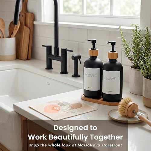 MaisoNovo Glass Dish Soap Dispenser for Kitchen Set of 2-16.9oz Dish and Hand Soap Dispenser Set for Kitchen - Black Glass Bottles x 2 with Black Bamboo Pumps & Tray - color: Black Bottles/Black Bamboo Pumps