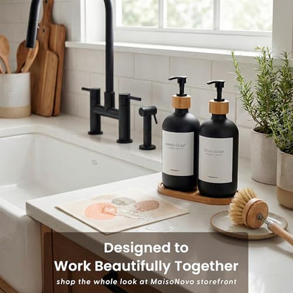MaisoNovo Glass Dish Soap Dispenser for Kitchen Set of 2-16.9oz Dish and Hand Soap Dispenser Set for Kitchen - Black Glass Bottles x 2 with Black Bamboo Pumps & Tray - color: Black Bottles/Black Bamboo Pumps