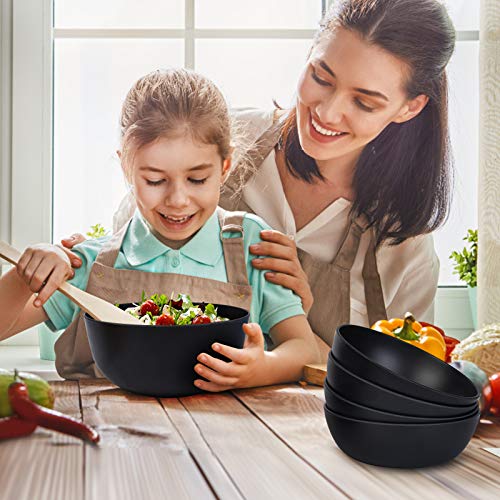 ECOWAY Bamboo Fiber Salad Bowl Set,Large Mixing Bowl with Natural Bamboo Lid and Utensils,4 Serving Bowls,Spoon,Fork and Fabric Bag for Salad,Soup,Vegetables,Pasta and Fruits(Black,9.8inches) - color: Black with serving bowls