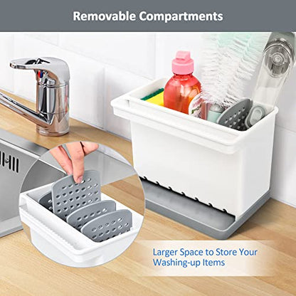 JOMOLA Kitchen Sink Organizer Dish Brush Sponge Holder Caddy Toothbrush Holders for Bathrooms Sinkware Kitchen Utensil Holder Sink Caddy Organizer with 4 Separate Dividers Removable Drain Tray (Grey) - color: Gray
