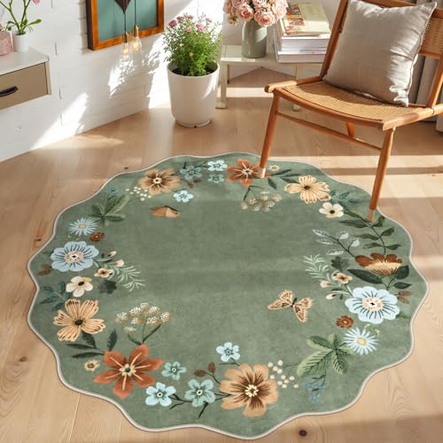 Lahome Floral Round Area Rugs, Washable Small Round Rug 3ft Non-Slip, Soft Boho Ultra-Thin Circle Carpet for Bedroom Entryway Kitchen Laundry Bathroom, Green - color: Green, size: 3'(Round)