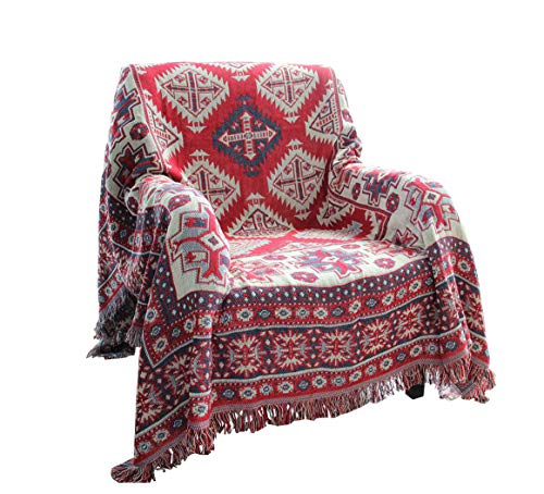 LELVA Bohemian Cotton Woven Red Geometric Pattern Throw Blanket with Tassel Couch Decorative Seat Cover Soft Chair Cover 51"X 70" - color: Red Geometric, size: 51 X 70 inch