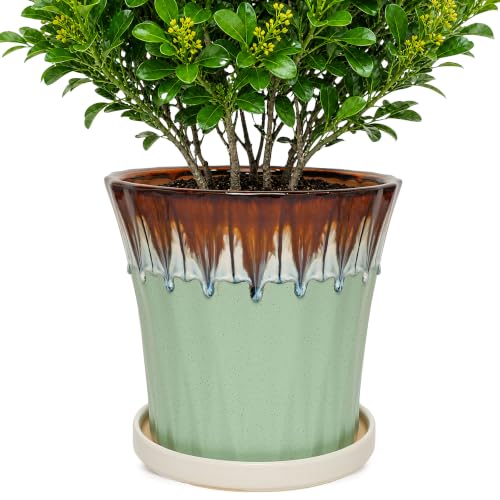 10 Inch Ceramic Planters with Drainage Hole and Saucer,Indoor Outdoor Large Flower Pots, Garden Pot for Plant Lovers (Drip Green) - color: Drip Green, size: 10 Inch