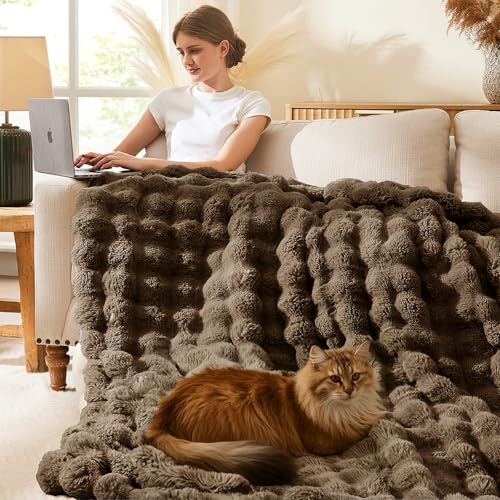 L'AGRATY Faux Rabbit Fur Throw Blanket for Couch, 90'' x 90'', Cocoa Brown | Soft Cozy Bubble Fluffy Blanket for Sofa Bed, Thick Warm Plush Fuzzy Throw for Room Home Decor, Luxury Gift for Women Mom - color: Cocoa Brown, size: 90" x 90"