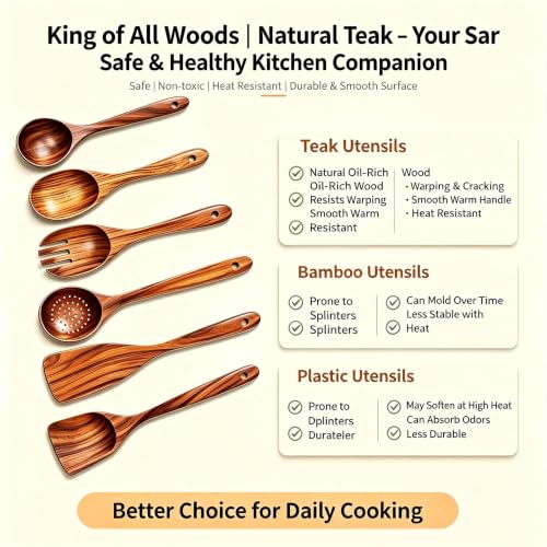 6 PCs Teak Wooden Utensil Set with Hooks, Wooden Spoons for Cooking, Wood Cooking Utensils Set, Comfort Grip, Non Stick Cookware, Easy to Clean, Kitchen Stuff, Wood Spatula