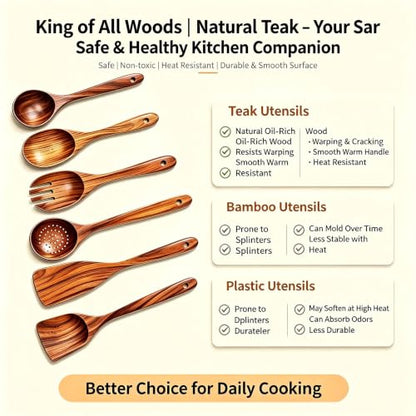 6 PCs Teak Wooden Utensil Set with Hooks, Wooden Spoons for Cooking, Wood Cooking Utensils Set, Comfort Grip, Non Stick Cookware, Easy to Clean, Kitchen Stuff, Wood Spatula