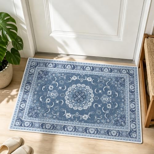 Vintage Boho Entryway Rug 2x3 Small Door Mat Indoor Entrance Machine Washable Area Rug Non-Slip Low Pile Throw Rugs for Entryway, Kitchen, Bedroom, Bathroom, Front Door Indoor Entrance, Entry Decor - color: Blue, size: 2' x 3' (Rectangular)