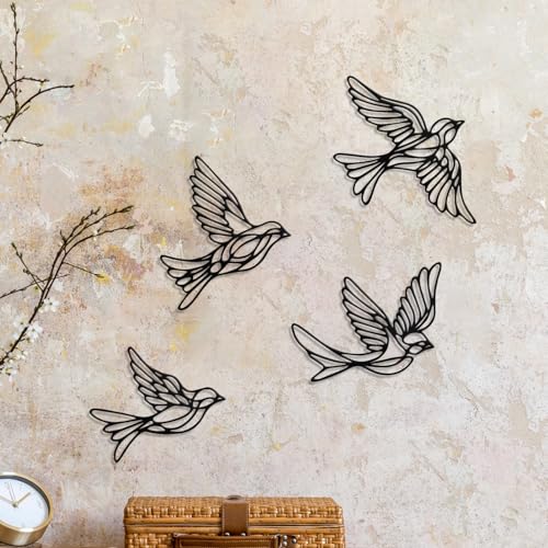Hnatzu Black Sparrow Metal Bird Wall Art, Set of 4 Flying Birds for Indoor and Garden, Living Room & Kitchen Decor