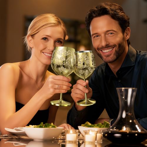 Lifecapido Stainless Steel Wine Glasses Set of 2, 18oz Etched Gold Wine Goblets, Unique Wine Glasses with Intricate Baroque Engravings for Party Wedding Anniversary - color: Gold
