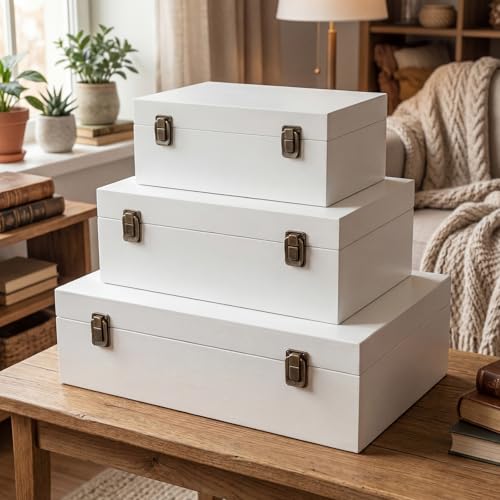 Sliner 3 Pcs Wooden Decorative Storage Boxes with Lids Vintage Wood Organizer Bins for Your Bookshelf Home Decor Safely Store Photos Documents Memory Jewelry Craft Storage (White,S M L Size) - color: White, size: S M L Size