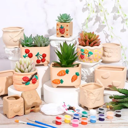 Hushee 12 Sets Ceramic Succulent Planters Paintable Succulent Plant Pots Small DIY Figurines Unpainted Pots with Drainage Hole Color Paints Paintbrushes Palettes - color: Fruit